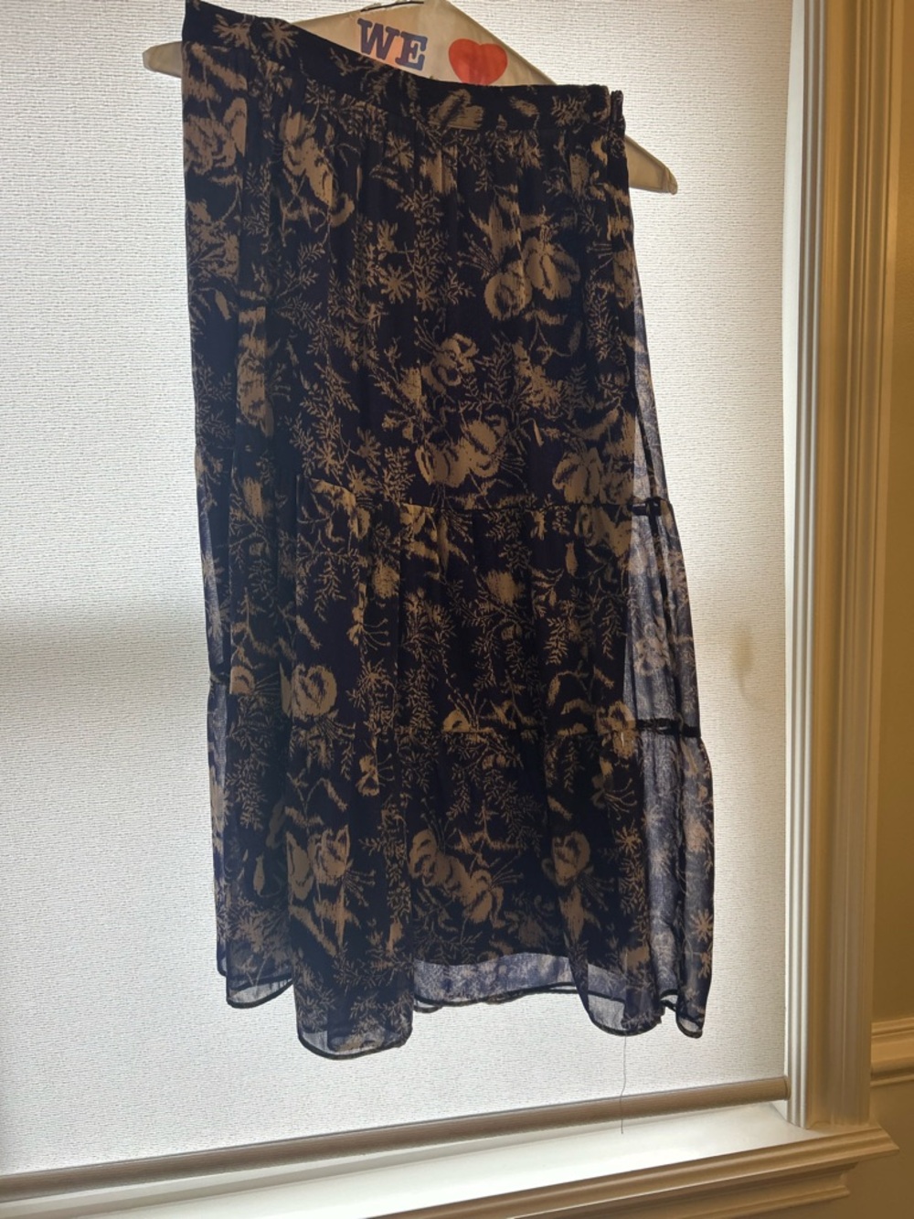 ba&sh Navy Tiered Midi Skirt with Beige Floral Print